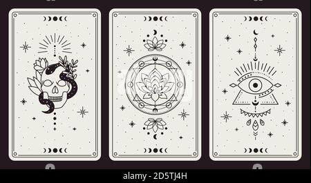 Magische okkulte Karten. Vintage handgezeichnete mystische Tarot-Karten, Schädel, Lotus und böses Auge magische Symbole, magische okkulte Karten Vektor-Illustration-Set Stock Vektor