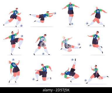 Fußballspieler. Fußball-Profi-Sportler, Sportler in Fußball Uniform tritt Ball, Fußballspieler Charaktere Vektor-Illustration Set Stock Vektor