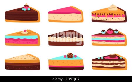 Kuchenscheiben. Süße geschnittener Geburtstagskuchen, Käsekuchen, geschichtete Biskuitkuchen, köstliche Gebäck Glasur Obst, Schokolade Dessert Vektor Illustration Set Stock Vektor