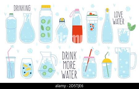 Süßes Wasserkritzel. Flasche, Glas, Thermoskanne und Dekanter von Wasser, Wassertropfen, Eiswürfel und Spritzer, handgezeichnete trendige Vektor-Illustration Icon-Set Stock Vektor