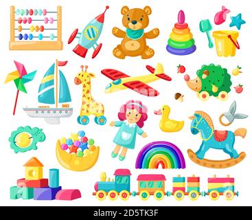 Cartoon Baby Spielzeug. Kinder Spielzeug, Bär, Puppe, Logik-Spielzeug, Zug, Jungen und Mädchen Inventar für Kinder Spiele und Unterhaltung Vektor Illustration Set Stock Vektor