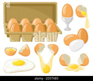 Cartoon Hühnereier. Frische, gekochte, Spiegeleier, zerbrochene Eier, Halbei mit Eigelb, Eier in Pappkarton. Bio-Bauernhof Lebensmittel Vektor Illustration Set Stock Vektor