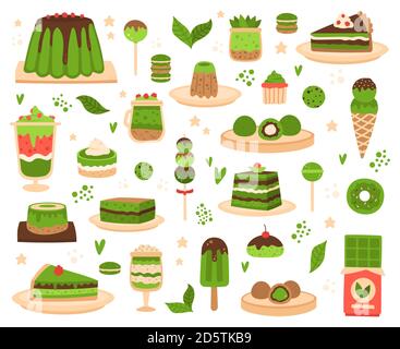 Matcha Desserts. Japanische Matcha Pulver Produkte, Mochi, Eis, Kuchen, Macarons und Pudding, Matcha Süßigkeiten und Gebäck Vektor Illustration Set Stock Vektor