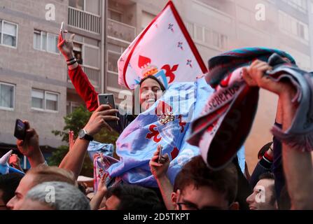 Celta Vigo Fans vor dem Estadio Municipal de Balaidos vor Das Spiel Stockfoto