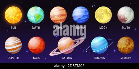 Cartoon Solaranlage. Weltraumplaneten, Mond, Sonne, astronomische Kugel Erde mars Merkur jupiter und venus. Galaxy Space Bodies Vektor Illustration Set Stock Vektor