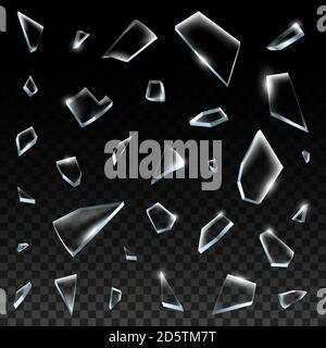Realistisches zerbrochenes Glas. Zerschmetterte Glasstücke, gebrochen klar zerschmettert Glasfragmente und Formen 3D isoliert Vektor Illustration Set Stock Vektor