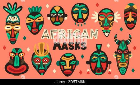 Afrikanische alte Masken. Stamm ethnische Maske, rituelle Totem Religion Gesichtsmasken, azteken, afrikanischen und hawaiianischen Ureinstammmasken Vektor-Illustration-Set Stock Vektor