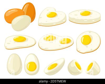 Cartoon gekochte Eier. Gebratene, hart, weich gekochte, in Scheiben geschnittene Eier mit Eigelb, Protein-Frühstückszutat. Bio Bauernhof Produkt Vektor Illustration Set Stock Vektor