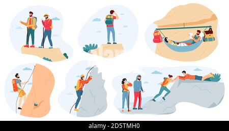 Bergsteiger. Aktive Outdoor-Aktivität, Kletterer Gruppe und Touristen, extreme Lifestyle, Trekking, Wandern in den Bergen Vektor-Illustration Set Stock Vektor