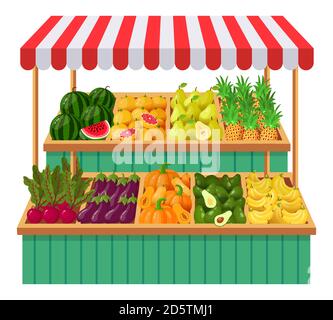 Gemüse Supermarkt Stand. Obst, Gemüse Holztheke, Lebensmittelladen Bio-Lebensmittel. Frisches Gemüse lokalen Shop Vektor-Illustration Stock Vektor