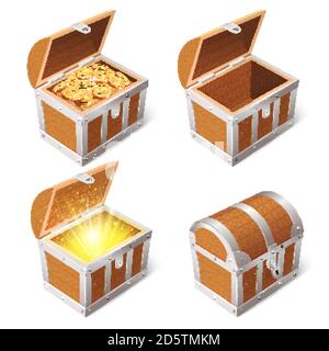 Realistische Schatzkiste. Hölzerne 3d antike Piraten Brust, geschlossen und geöffnet vintage Holz Schatzkiste isoliert Vektor Illustration Icons gesetzt Stock Vektor