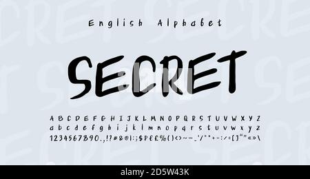 Original Alphabet handgeschriebene Pinselschrift. Groß- und Kleinbuchstaben, Zahlen, Zeichen, Währungssymbole. Schrift Schrift Schrift schwarz Farbe. Stock Vektor