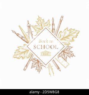 Back to School Herbst Verkauf Vektor-Etikett, Zeichen oder Karte Vorlage. Handgezeichnete stationäre und Leafs Skizze Illustration mit Typografie in einem Rhombus-Rahmen Stock Vektor