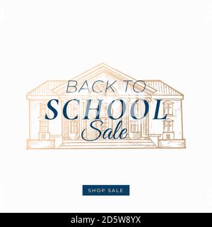 Back to School Herbstangebot. Abstraktes Vektoretikett, Zeichen oder Kartenvorlage. Handgezeichnete Golden Building Sketch Illustration mit moderner Typografie und Stock Vektor
