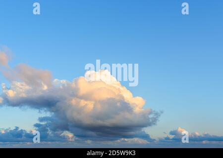 Große flauschige Cumulus Wolke getönte goldene Farbe durch die Abendsonne. Blass orange Wolke gegen hellblauen Himmel. Wetter, Meteorologie und Wolkenarten. Stockfoto