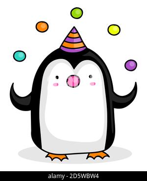 Nette Cartoon Pinguin mit Clown Nase jonglieren mit 5 bunten Bälle Stockfoto