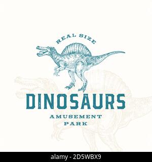 Real Size Dinosaurs Amusement Park Abstraktes Zeichen, Symbol oder Logo Vorlage. Handgezeichnetes Spinosaurus Reptil mit Premium Typografie und Hintergrund Stock Vektor