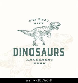 Real Size Dinosaurs Amusement Park Abstraktes Zeichen, Symbol oder Logo Vorlage. Handgezeichnetes Tyrannosaurus Rex Reptil mit Premium Typografie und Hintergrund Stock Vektor