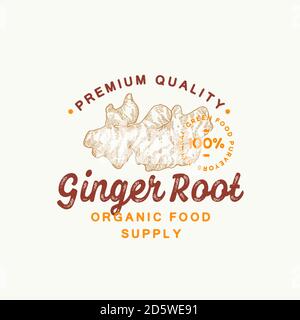 Premium-Qualität Ginger Abstract Vektor-Zeichen, Symbol oder Logo-Vorlage. Handgezeichnete Root Sketch Silhouette mit Retro Typografie und Siegel. Vintage Stock Vektor