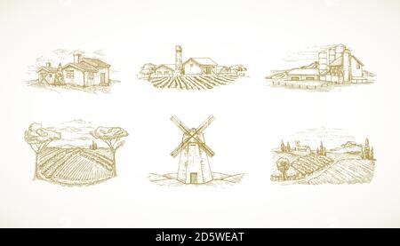 Handgezeichnete Landschaften Vektor Illustrationen Collection Set. Bauernhöfe, Windmühle, Hütten, Scheunen und andere ländliche Gebäude Skizzen Set. Felder und Häuser Stock Vektor