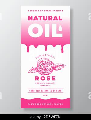 Natürliches Öl Abstrakt Vektor Verpackung Design oder Label-Vorlage. Moderne Typografie, gradienter Tropfen und handgezeichnete Rosenblume mit Blütenblättern Skizze Stock Vektor