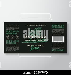 Handgefertigte Gemüse und Kräuter Sauce Label Template. Abstraktes Vektor-Verpackungsdesign-Layout. Modernes Typografie-Banner mit handgezeichneter Petersilie Stock Vektor
