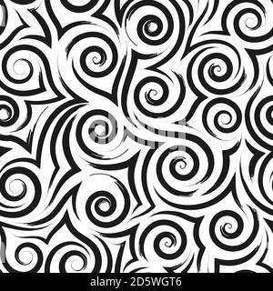 Geometrische nahtlose Muster von glatten schwarzen Wellen von Spiralen und Locken auf weißem Hintergrund.Monochrom Muster Meer oder Ozean stilisiert Wellen oder Wellen Stock Vektor