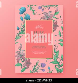 Blumen Hintergrund Hochzeit Einladung Vorlage. Abstrakte Vektor-Grußkarte oder Weihnachtsposter. Handgezeichnete bunte Skizze Blumen und Blätter Stock Vektor