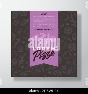 Meeresfrüchte Cocktail Gefrorene Pizza Realistische Karton-Box. Abstraktes Vektor-Verpackungsdesign oder -Etikett. Moderne Typografie, Skizze Nahtloses Lebensmittelmuster Stock Vektor