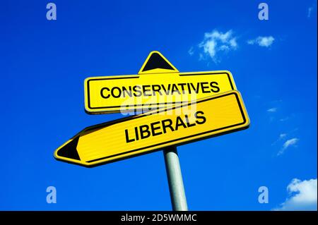 Konservative gegen Liberale - Verkehrszeichen mit zwei Optionen - politische Präferenz des Wählers während der Wahlen. Politische Partei der Erhaltung der Traditionen Stockfoto