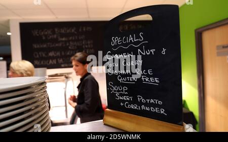 Ein spezielles Board, das vegane Speisen in der Gastfreundlichkeit des New Lawn Stadium, Heimat von Forest Green Rovers, anwirbt Stockfoto