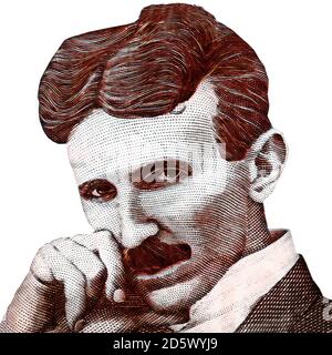 Weltberühmter Erfinder Nikola Tesla monochromes Porträt aus der Nähe isoliert Auf weißem Hintergrund Stockfoto