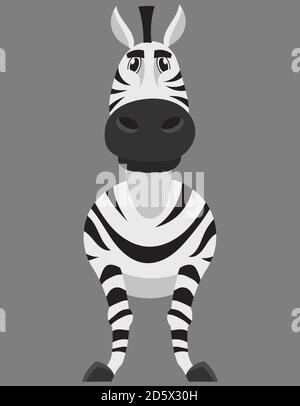 Standing Zebra Vorderansicht. Afrikanisches Tier im Cartoon-Stil. Stock Vektor