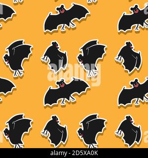 Nahtlose Cartoon Fledermaus Muster lächelnd auf orangefarbenem Hintergrund. Vektorbild Stock Vektor