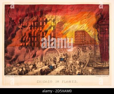 Lithographie von Currier und Ives mit dem Titel Chicago in Flames. Szene aus dem Chicago Fire von 1871. Stockfoto