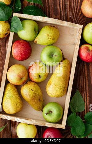 Äpfel und Birnen in einem Tablett auf einem hölzernen Hintergrund Stockfoto