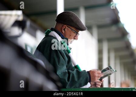 Leatherhead-Fans lesen das Spieltag-Programm vor dem Spiel Stockfoto