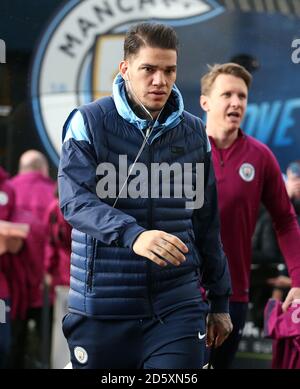 Manchester City Torhüter Ederson vor dem Spiel ankommen Stockfoto