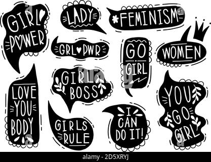 Sammlung Hand gezeichnet kommunizieren Feminismus Rede. Design Element Slogan Doodle Business Message. Stock Vektor