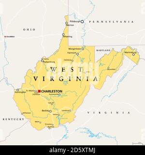 West Virginia, WV, politische Landkarte. Staat in der Appalachischen Region im Süden der Vereinigten Staaten von Amerika. Teil der südöstlichen Region des Mittelatlantiks. Stockfoto
