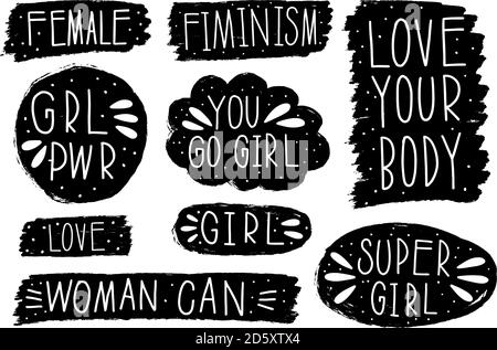 Sammlung Hand gezeichnet kommunizieren Feminismus Rede. Design Element Slogan Doodle Business Message. Stock Vektor