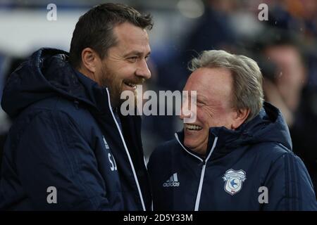 Neil Warnock, Manager von Cardiff City, und Slavisa Jokanovic, Managerin von Fulham Stockfoto