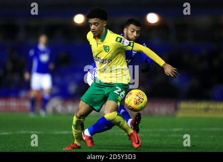 Jamal Lewis (links) von Norwich City schützt den Ball vor Birmingham David Davis Stockfoto