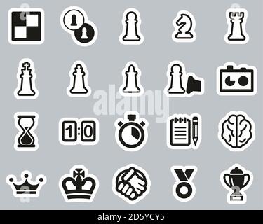 Schachspiel & Ausrüstung Icons Schwarz & Weiß Sticker Set Groß Stock Vektor