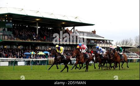 Läufer und Reiter in der olbg.com Maresâ €™ Hürde während Herren Renntag auf der Warwick Racecourse Stockfoto