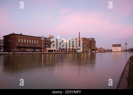 Deutschland, Münster, Stadthafen, Kreativkai im Abendlicht Stockfoto