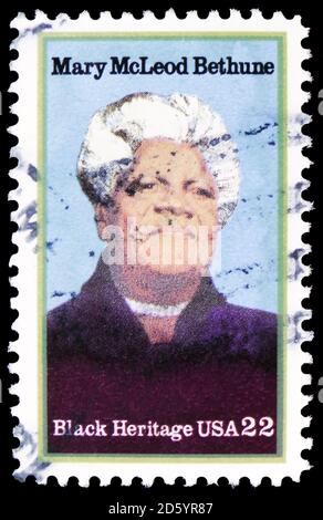 MOSKAU, RUSSLAND - 30. SEPTEMBER 2020: Die in den USA gedruckte Briefmarke zeigt Mary Bethune (1875-1955), Educator, Black Heritage Series Serie, CIR Stockfoto