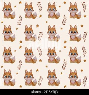 Nahtloses Fox-Muster. Niedlichen roten Fuchs mit einem Lächeln vect und Sterne auf einem weißen Hintergrund. Aquarell. Für Design und Dekoration, Textilien und Verpackungen Stockfoto