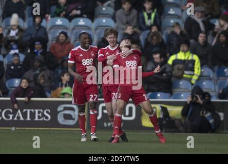 Matthew Cash aus Nottingham Forest feiert ein Tor während des Sky Bet Championship-Spiels zwischen Queens Park Rangers und Nottingham Forest an der Loftus Road. Stockfoto