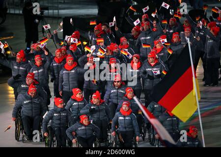 Ein Blick auf die deutsche Paralympics-Mannschaft während der Eröffnungsfeier der PyeongChang 2018 Winter-Paralympics im Pyeongchang Olympiastadion in Südkorea Stockfoto